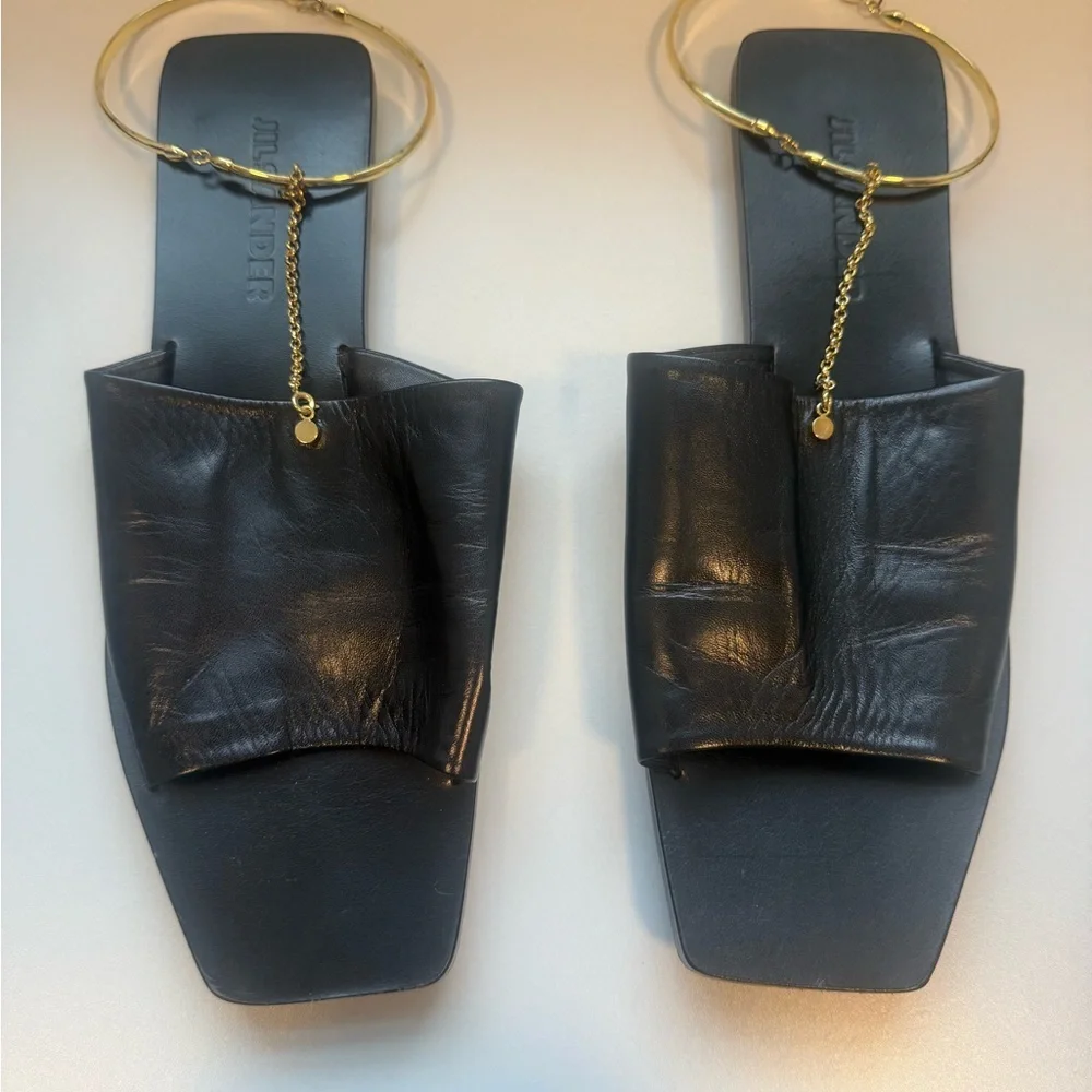 Jil Sander Black Leather Slides with Gold Rings - Picture 4 of 6